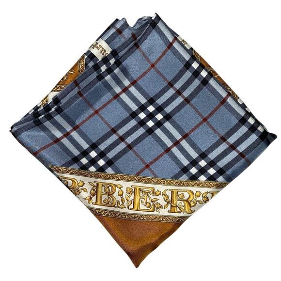 BURBERRYS PRORSUM Logo Blue x Brown Silk Scarf - Picture 5 of 16